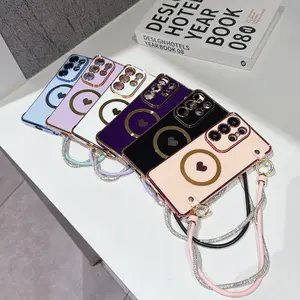 Compatible with S24/S25/S26U/Pixel10proXL/9pro Side Plating Heart Bling Diamond Magnetic Cover With Hand Strap HNZ0212