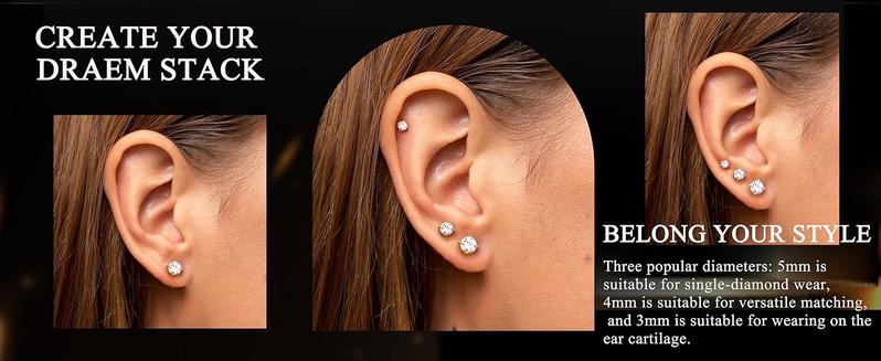 Fashionable 3 Pairs Synthetic Moissanite Earrings Studs 14K Gold Plated S925 Sterling Silver Flat Back Earring for Women Men - Hypoallergenic Set Cartilage Helix Piercing Jewelry D Color VVS1 1.8CT