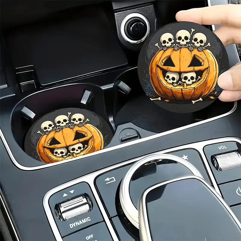2pcs 2D Printed Giant Pumpkin & Skeletons Car Coasters - Vintage Gothic Suitable for Car Cup Holders, Non-Slip Durable Coaster Pads with Spooky Patterns, Multi-Use for, Office, Auto Interior Accessories - Gift for Car Enthusiasts