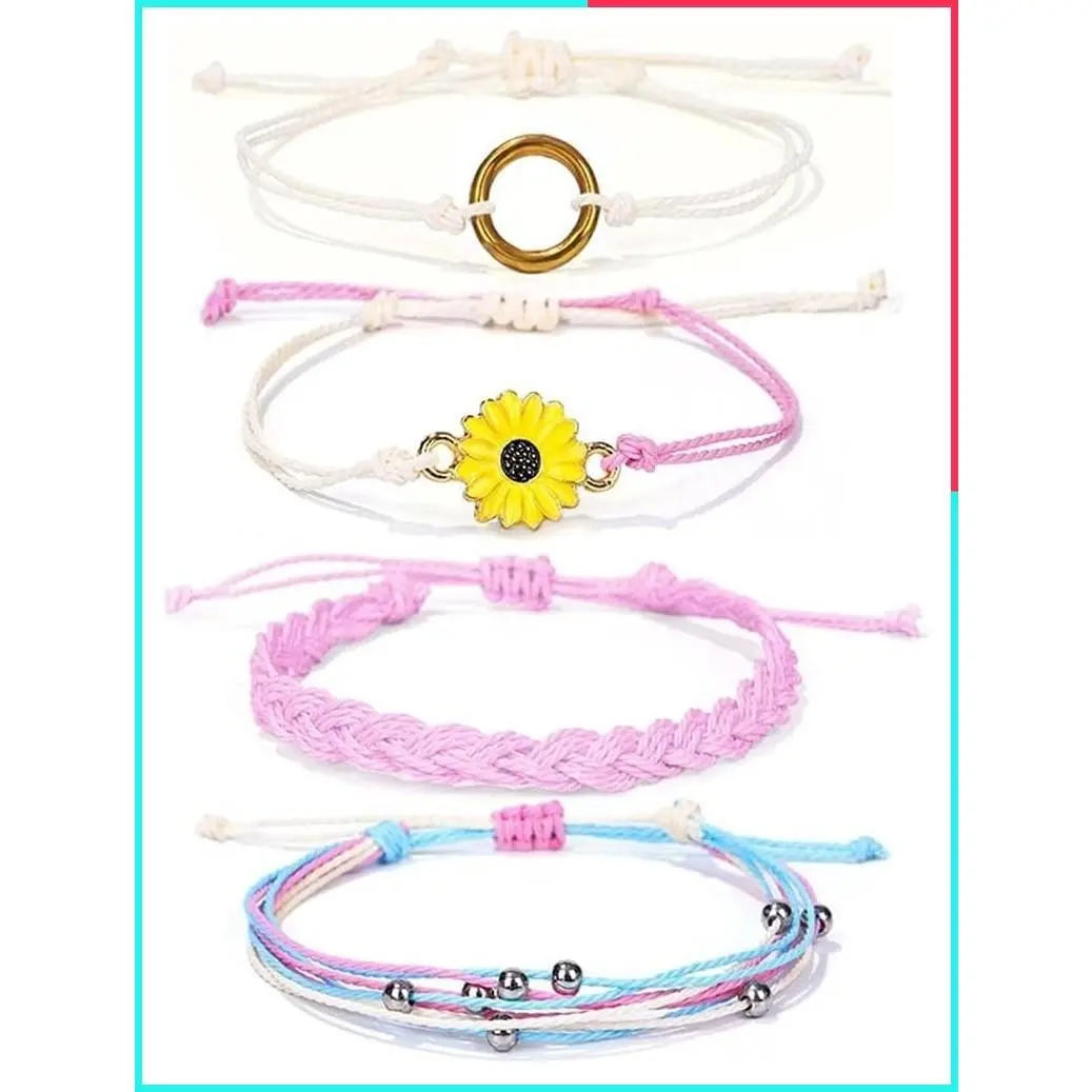 4 Pcs Adjustable Braided Waterproof Sunflower Anklet Bracelets for Women Summer Beach Surfer Jewelry