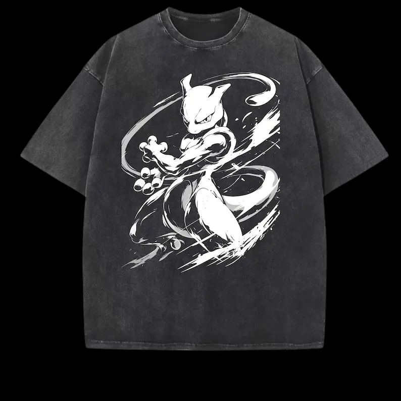 Psychic Graphic Streetwear Poke Tee Black Acid Wash Oversized Anime Shirt Unisex Casual Loose Fit Summer Top Harajuku Style Graphic Tees for Men Women