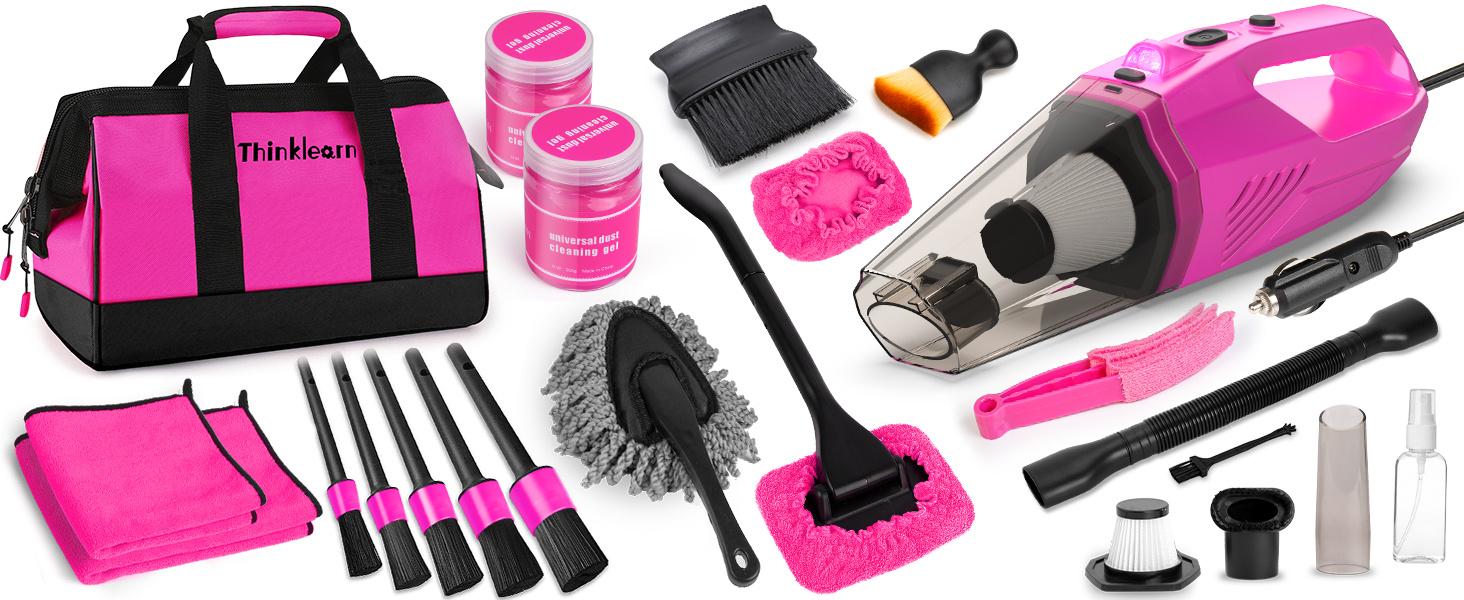 Car Cleaning Kit, Car Vacuum Detailing Kit Interior with High Power Handheld Vacuum, Including 7Pcs Detailing Brush Set, Windshield Cleaner, Pink Car Accessories for Women