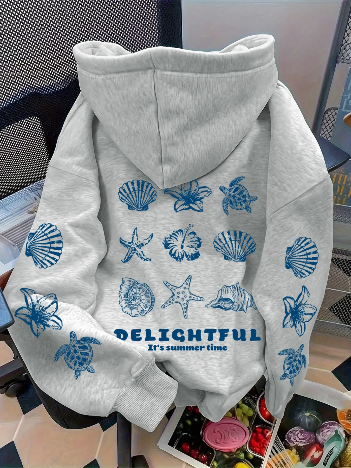 Women's Casual Drawstring Pocket Hoodie, Sweatshirts, Starfish Shell Print, Long Sleeve, Fall & Winter, Comfortable and Stylish, Loose, Essential Top