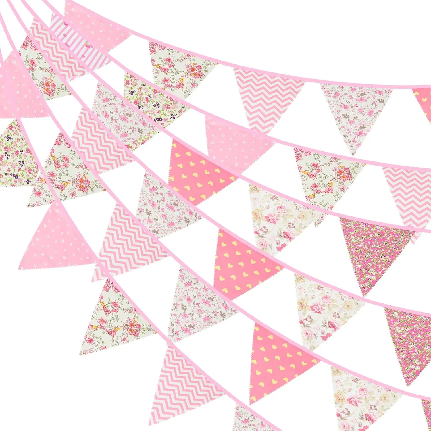 39Ft Triangle Bunting Banner, 42Pcs Pink Floral Garland Pennant Banner, Reusable Cotton Triangle Flags Party Decoration for Birthday, Wedding, Garden Tea Party, Shower, Room Decor