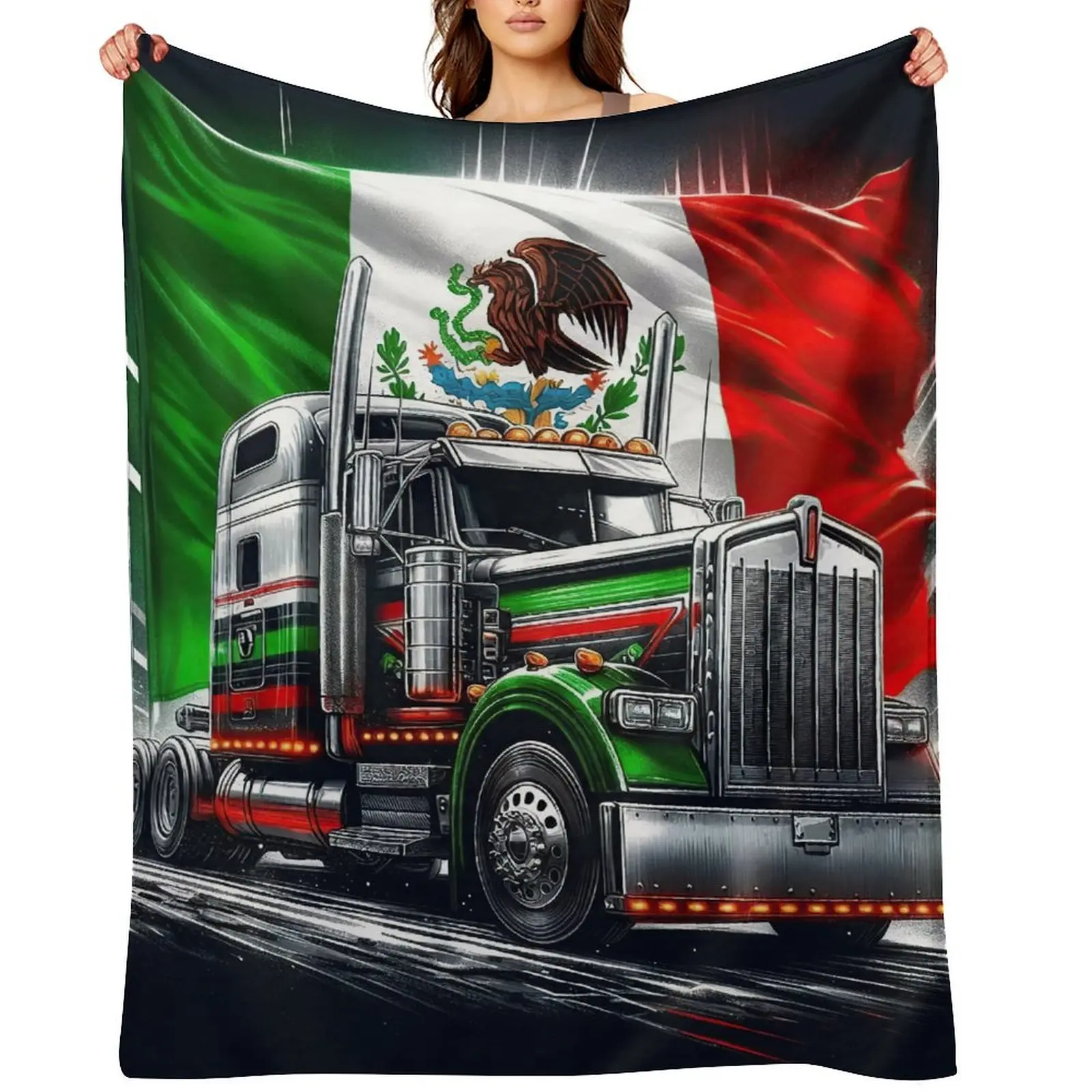 Mexican Flag Semi Truck Fleece Blanket - Cool Kenworth Style Big Rig Throw for Truckers