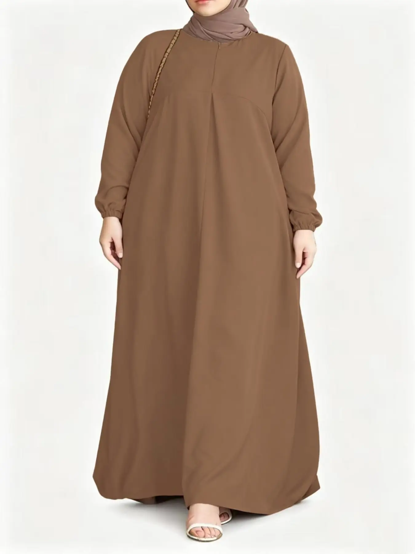 Plus Size Arab Muslim Abaya Maxi Gown, Long Sleeve Round Neck Woven Fabric Robe, With Pockets Non-Stretch Regular Fit, Modest Outfit For Women Daily Prayer Wear