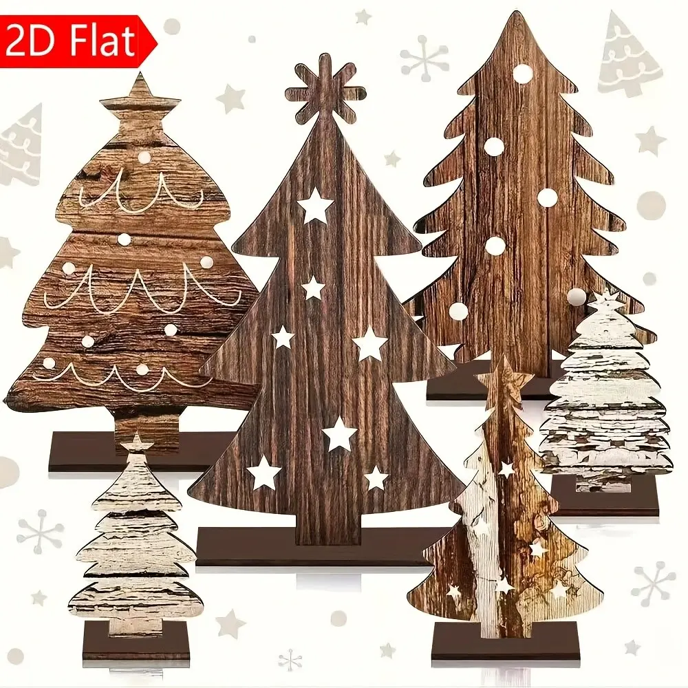 Rustic Farmhouse Christmas Decoration Set, Decorative Ornaments, 6 Wooden Trees & Signs, Vintage Desktop Centerpiece, Western Style Holiday Decor, Festive Decoration, 12-Piece Kit