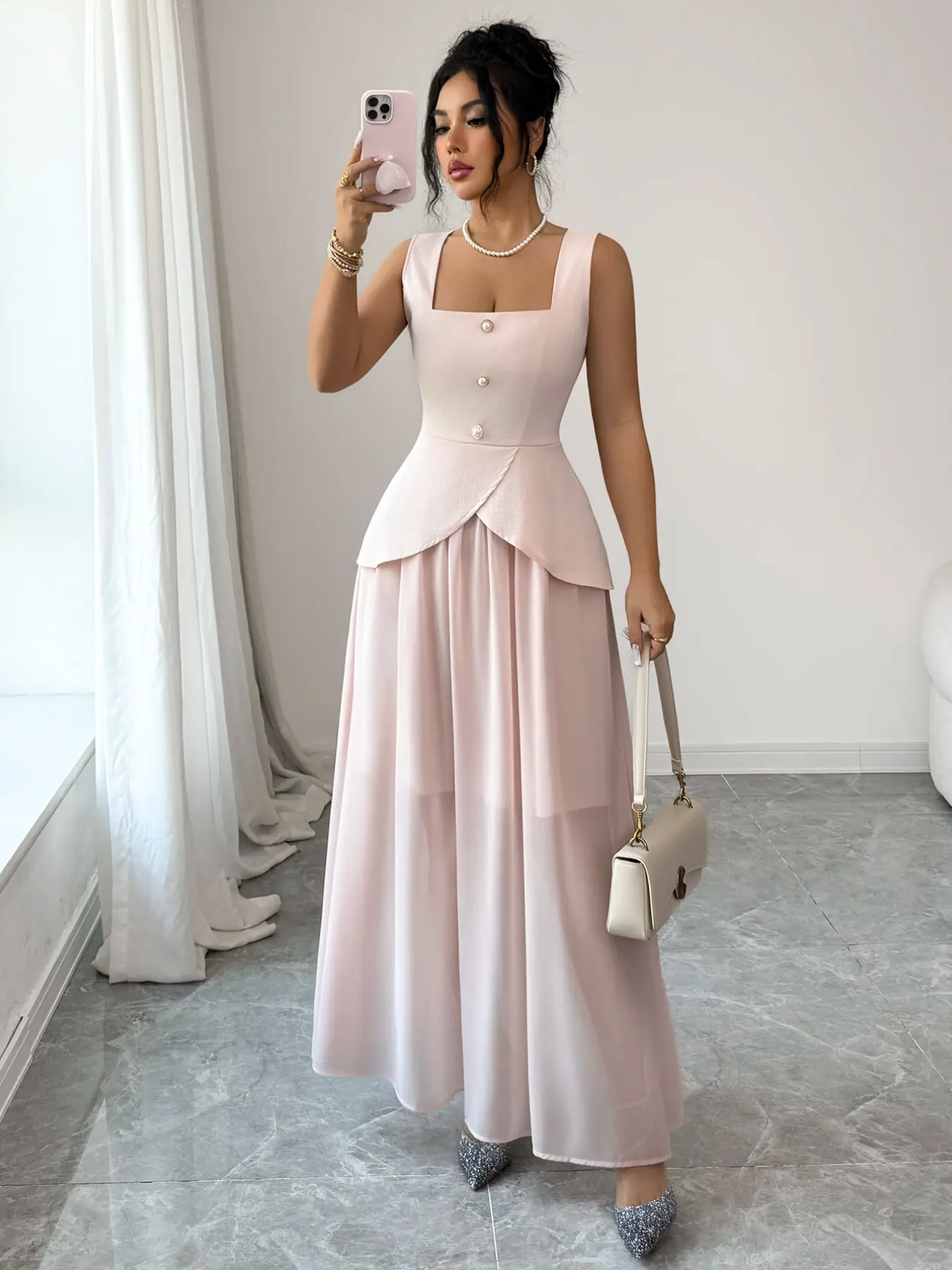 Pure Color Large Collar Sleeveless Slim-Fit Long Dress Gowns, Womenswear, Summer, Elegant Contrast Mesh Detail, Plain Surface, High-Quality Fabric (88.2g/m²), Elegance