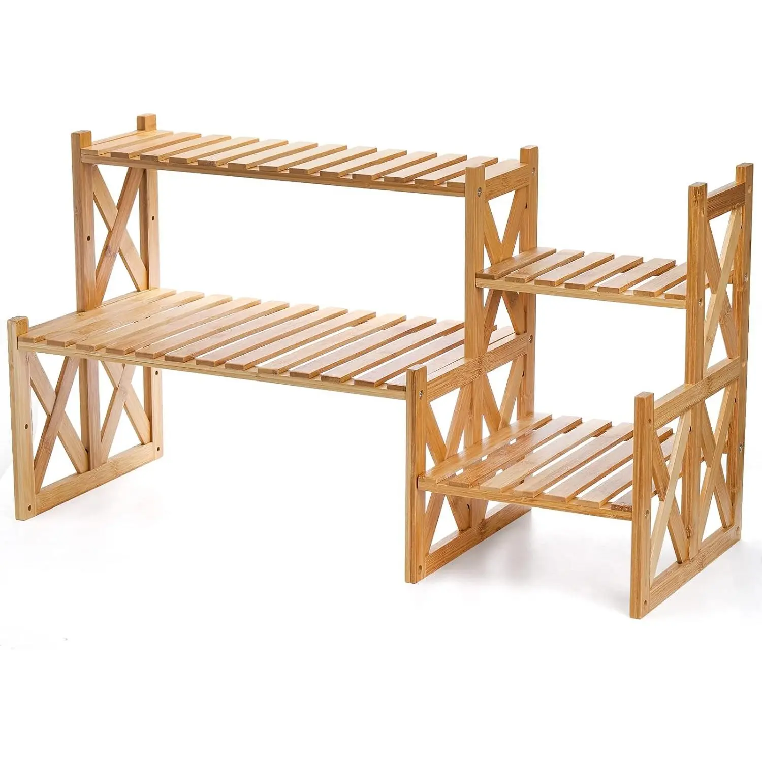 2 Tier Bamboo Tabletop Plant Stand, Adjustable Flower Pot Holder Shelf Planter Display Stand, Small Desktop Ladder Plant Rack for Indoor Outdoor Home Patio Lawn Garden Balcony Organizer