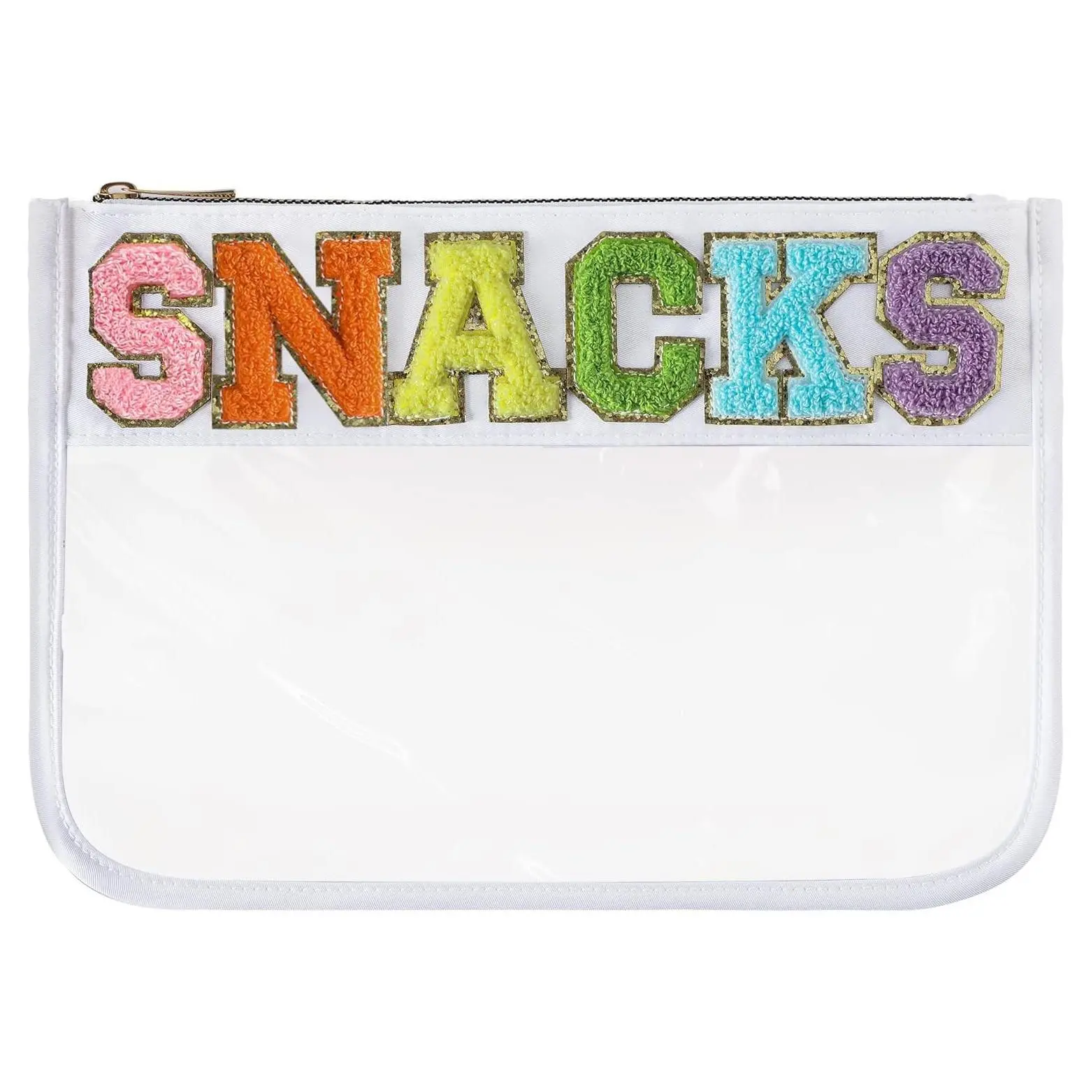 Clear Snacks Bag for Travel, Chenille Letter, 11.8" x 8.2", Cosmetic Pouch for Women & GirlsGift