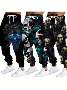 3-Piece Set Retro Floral Skull Digital Print Sweatpants, Fluorescent Rose Gold Skull Streetwear, Casual Fitted Ankle-Length Pants for Men