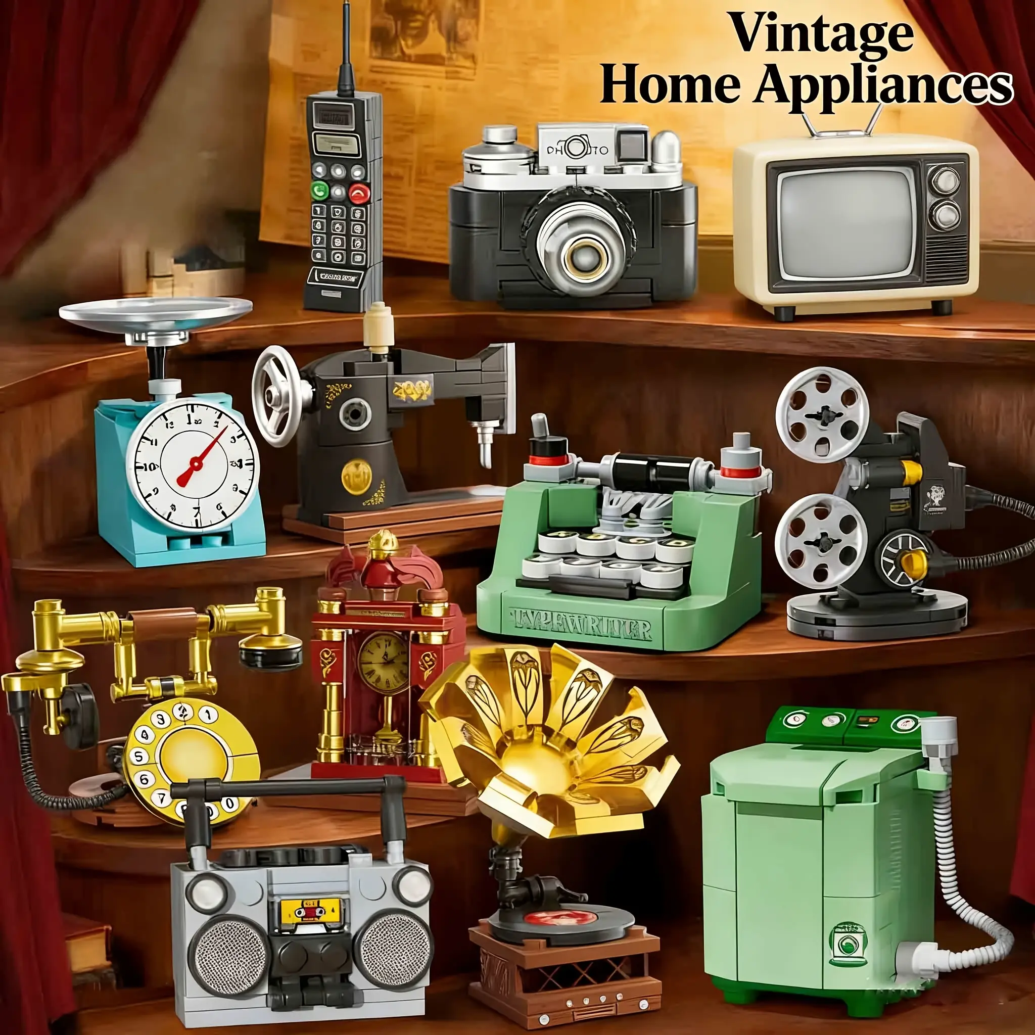 1000+Pcs Creative12 Sets Mini Retro Home Appliances Models | Phonograph, Tape Recorder, Projector, Old-Fashioned Telephone, Mobile Phone, Television, Typewriter, Camera, Washing Machine, Clock, Electronic Scale, Decor, Ornaments, 12 Retro Home Appliances,
