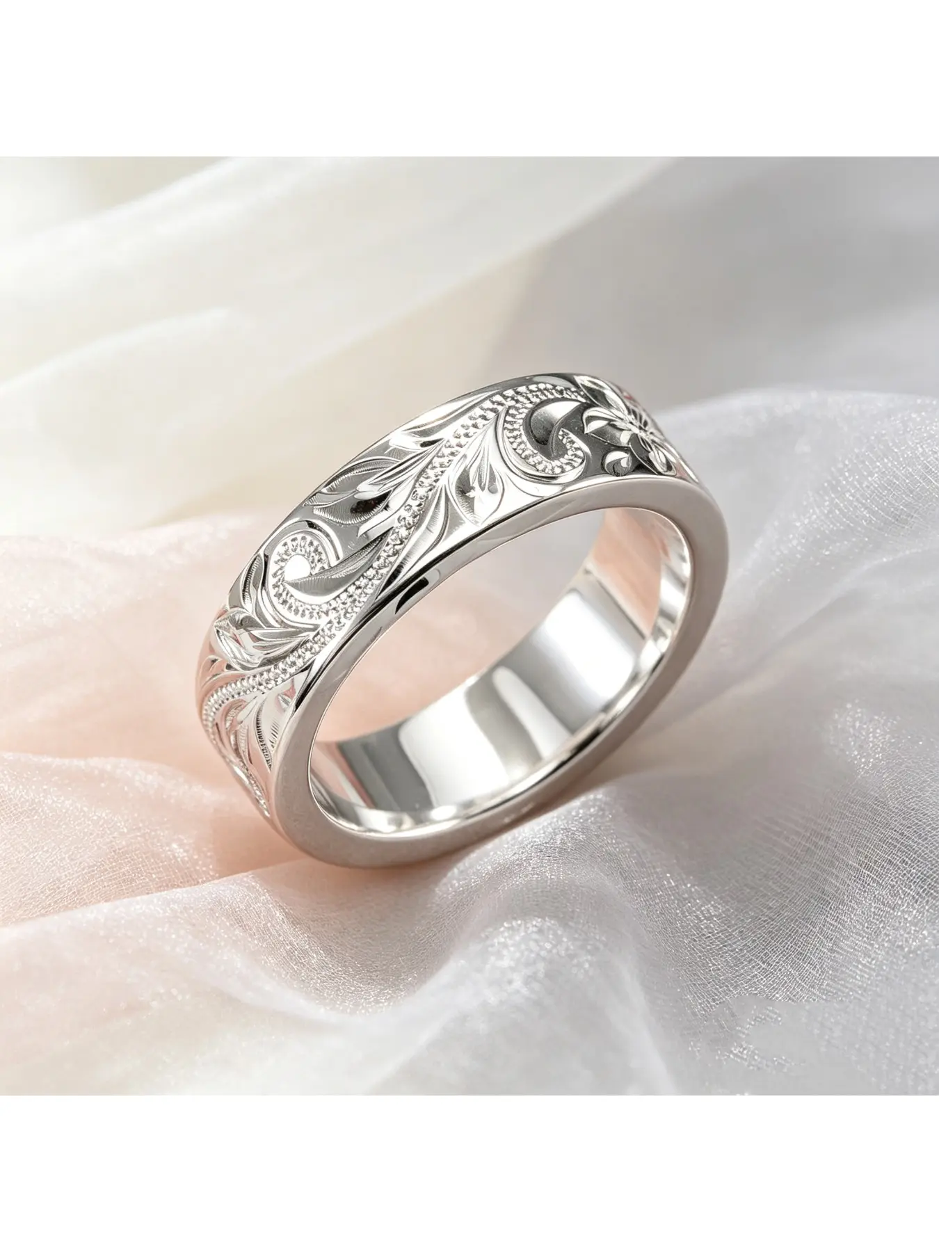 Wide Hand-carved Scroll Flower Silver Band Vintage Statement Ring, Timeless Promise Ring, Heartfelt Anniversary Ring, Textured Dainty Jewelry for Christmas Gifts, Anniversary Dates and Daily Commuting Outfits