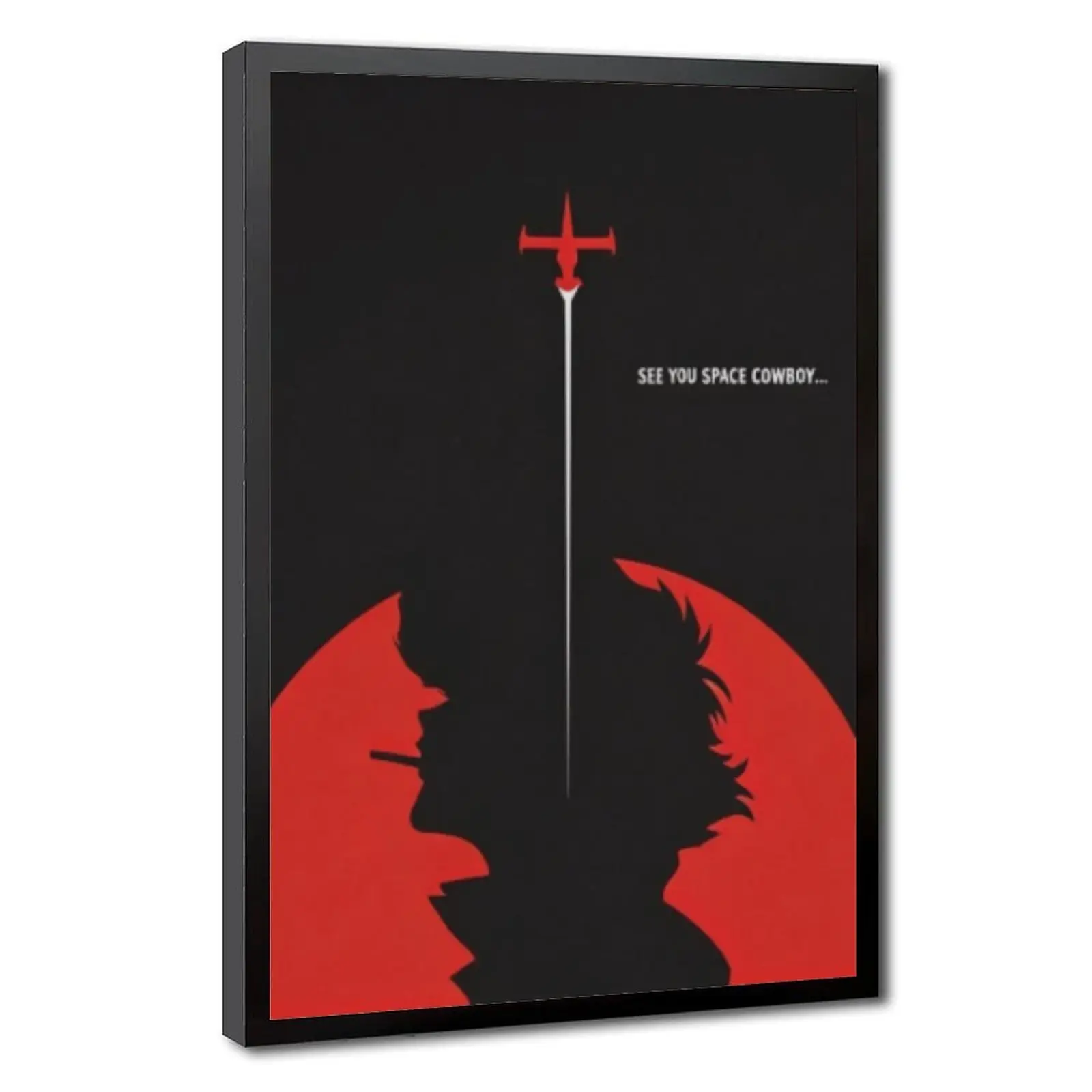 Minimalist Cowboy Bebop Silhouette Framed Poster, Spike Spiegel Art With Iconic Quote See You Space Cowboy, Black Red Retro Japanese Anime Wall Decor For Bedroom Man Cave, Stylish Keepsake Gift For Classic Space Western Anime Fans