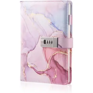 Marble Diary with Lock for Girls and Women, A5 Leather Locked Journal for Teen Girls,  Cute Password Lock Notebooks with Pen Holder for Travel Diary Office Notepad
