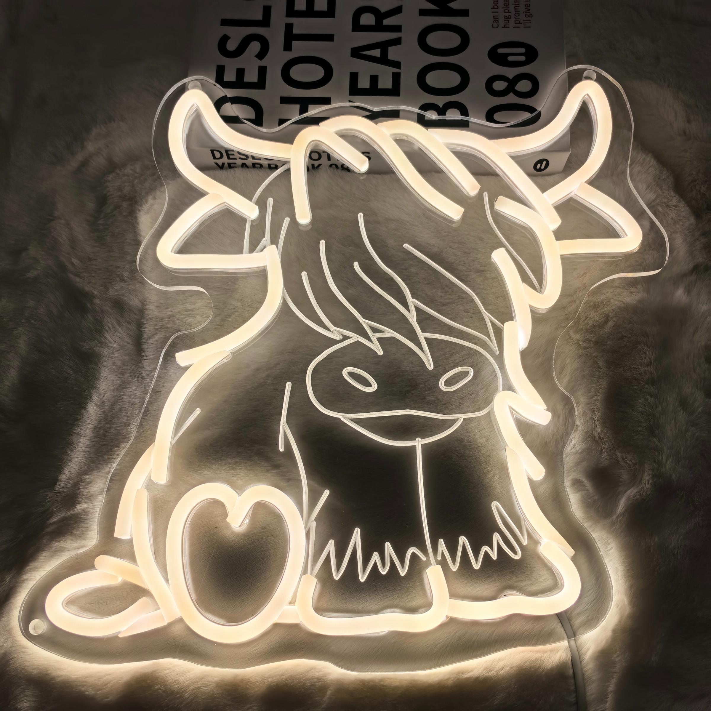Highland Cow LED Neon Sign, Adjustable Brightness Wall-Mountable USB Powered Home Bedroom Party Decoration Christmas Gift Idea Ambient Decoration Lamp