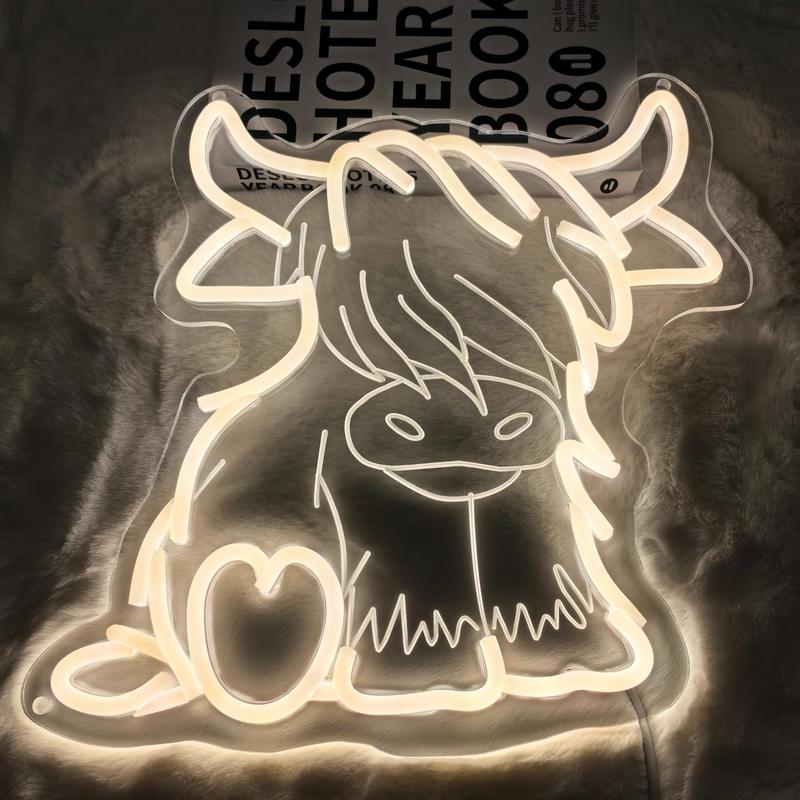 Highland Cow LED Neon Sign, Adjustable Brightness Wall-Mountable USB Powered Home Bedroom Party Decoration Christmas Gift Idea Ambient Decoration Lamp