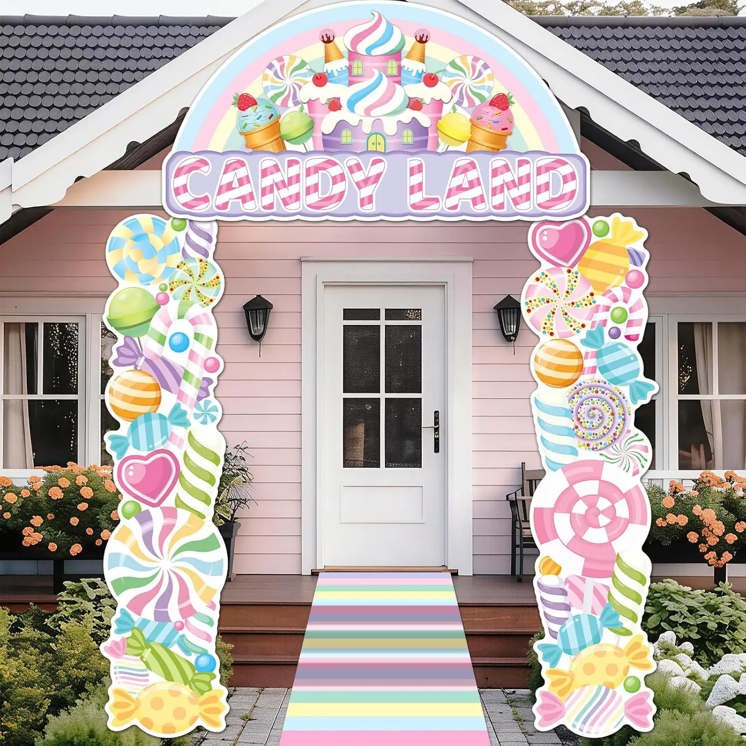 4pcs Sweet Land Festive Backdrops & Banners Set - Pastel Lollipop Hanging Banners, Fabric Cover Candy Door Covers, Pre-Holed Rope Runner Rug, Porch Sign for Birthday Baby Shower Decorations, Fabric Cover Festive Backdrops & Banners