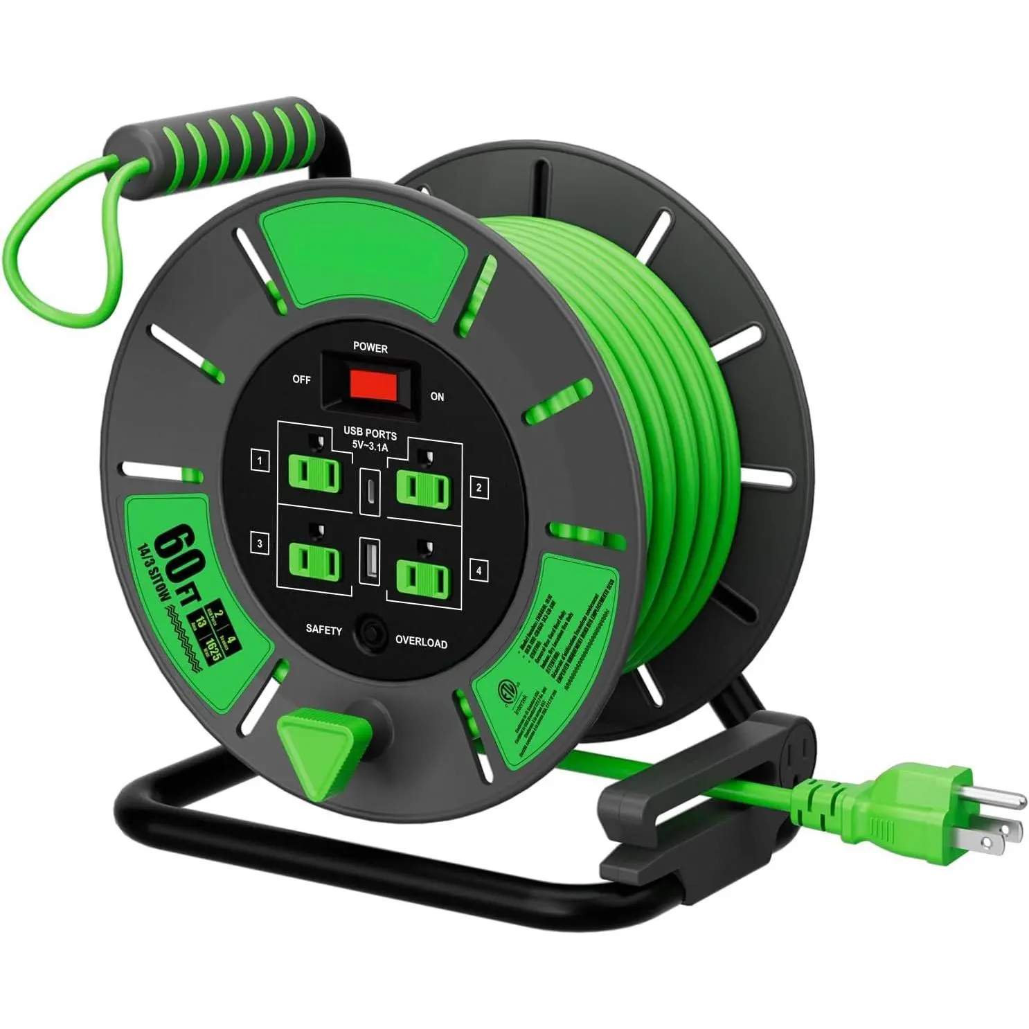 60 FT Retractable Extension Cord Reel, 14AWG SJTOW Heavy Duty Power Cord with 4 Grounded Outlets, USB-A & USB-C Ports, 13A Circuit Breaker, Hand Crank for Indoor Outdoor Use, ETL Listed, Green