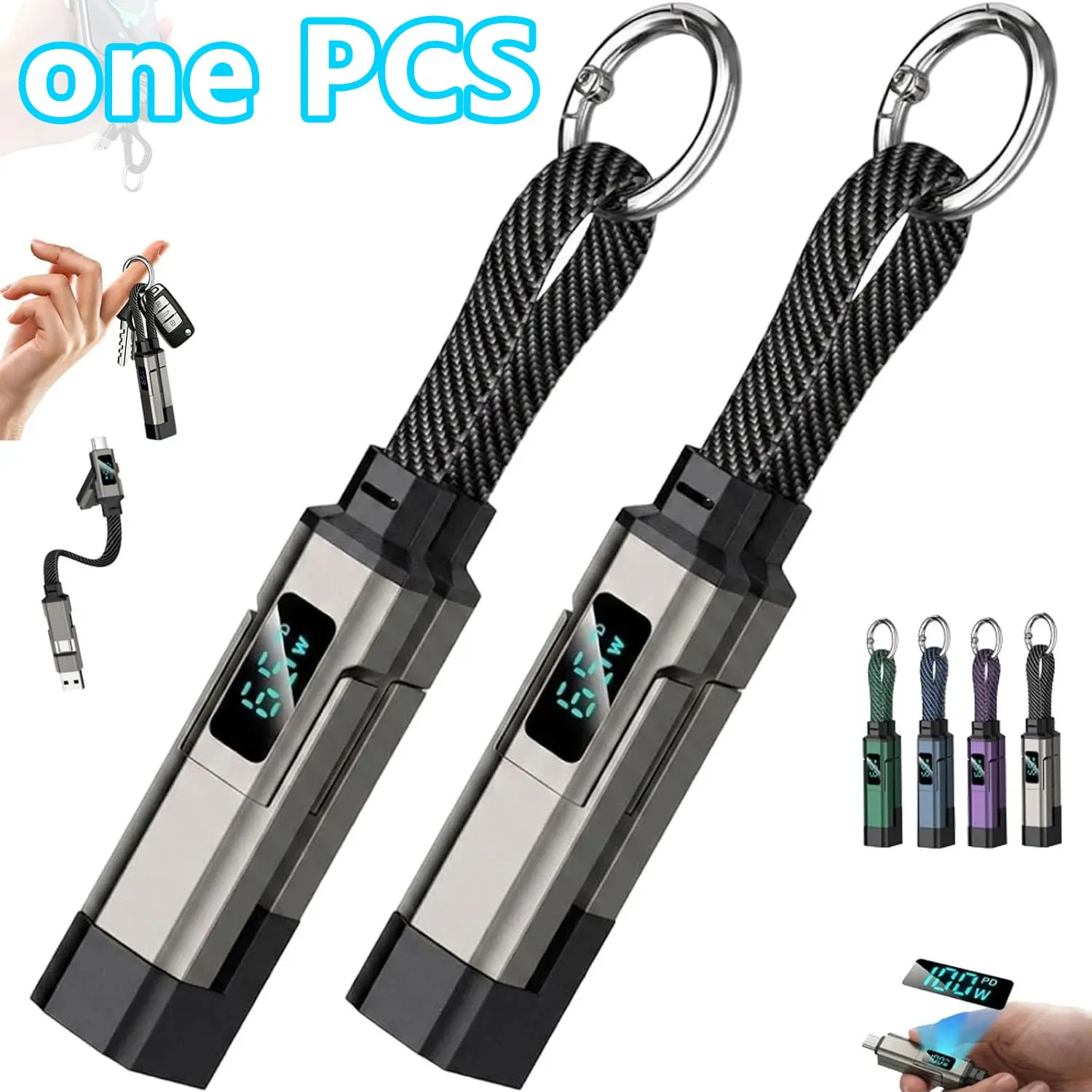 Four-In-One Digital Display Keychain Charger Cable, LED Battery Indicator, 65w USB-C Fast Charging, for Phone, Tablet, Laptop, Charging Cables