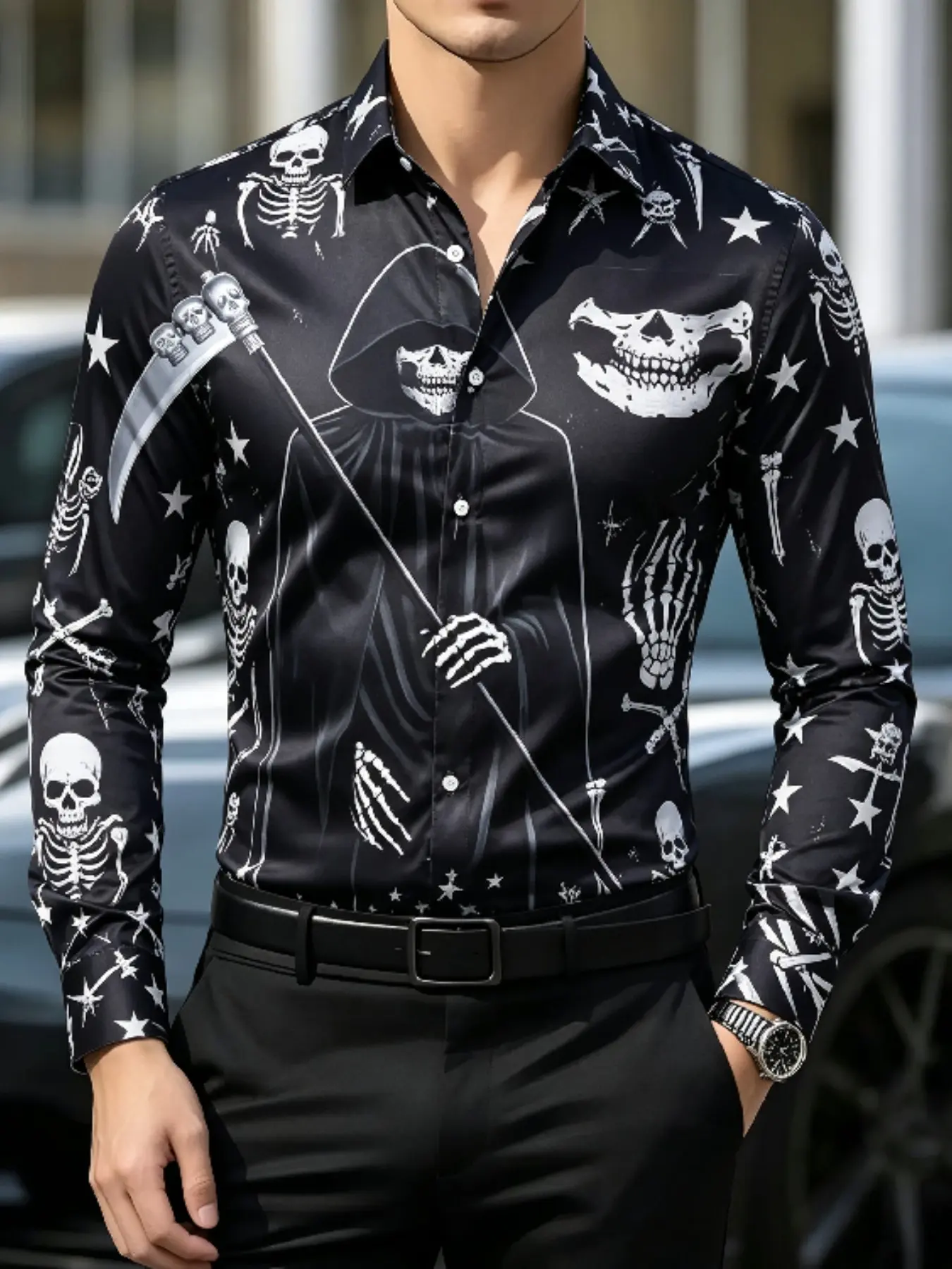 Men's Lapel Long Sleeve Button Down Shirt Sublimation Fabric Grim Reaper Scythe Skeleton Skull Star Pattern All Over Print Slim Fit Halloween Party Casual Shirt