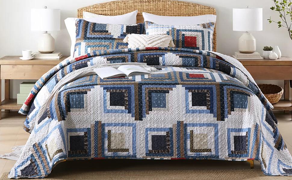 GREAGLE Quilt Set Queen Size, 3 Pieces Bedspread Coverlet Plaid Patchwork Quilt Farmhouse Queen Size Comforter Set Lightweight Bedding with 2 Pillow Covers Shams for All Season Gray Brown White cozy sheets
