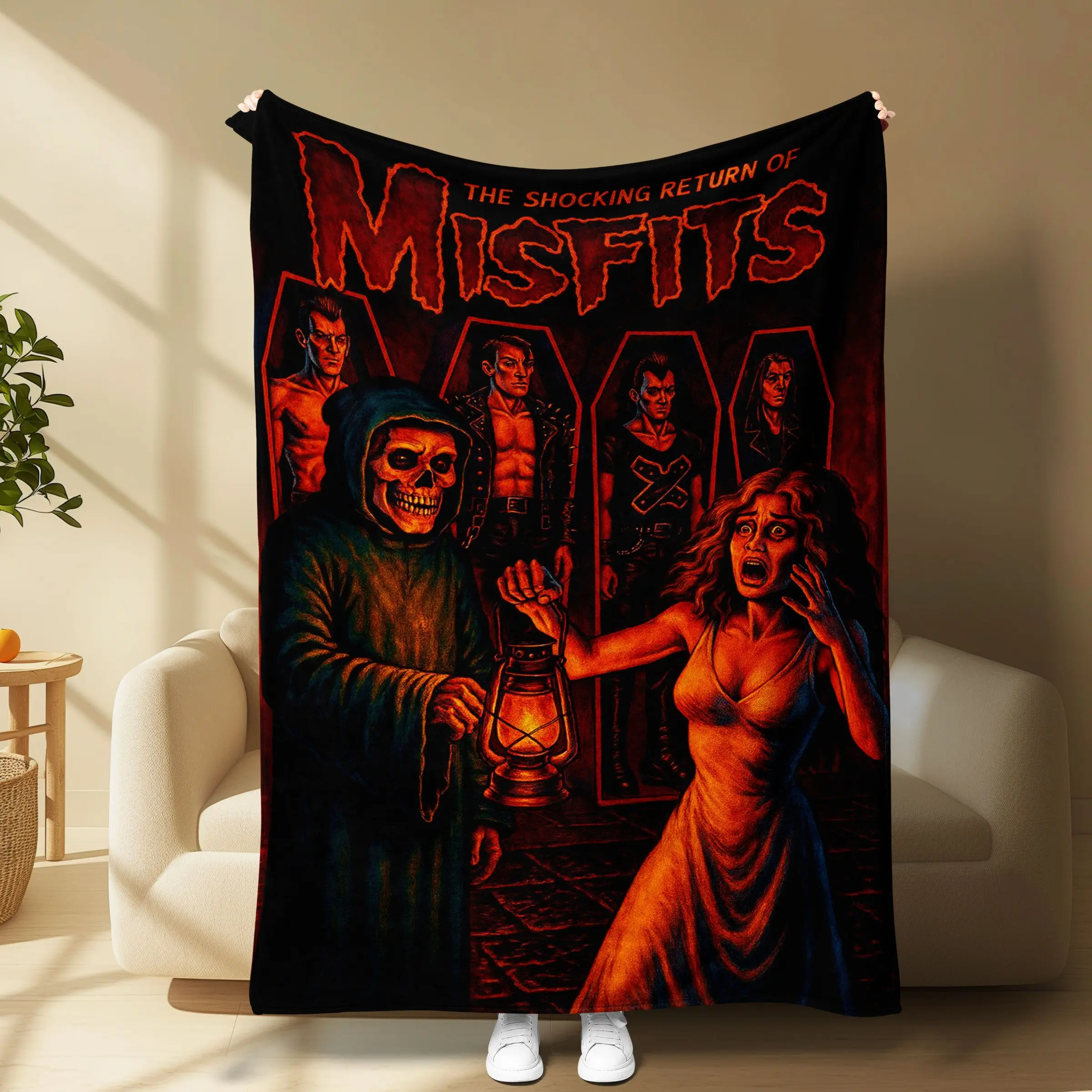 Misfits The Shocking Return Flannel Throw Blanket, Vintage Horror Punk Band Graphic Blanket, Retro Gothic Soft Sofa Bed Blanket Gift