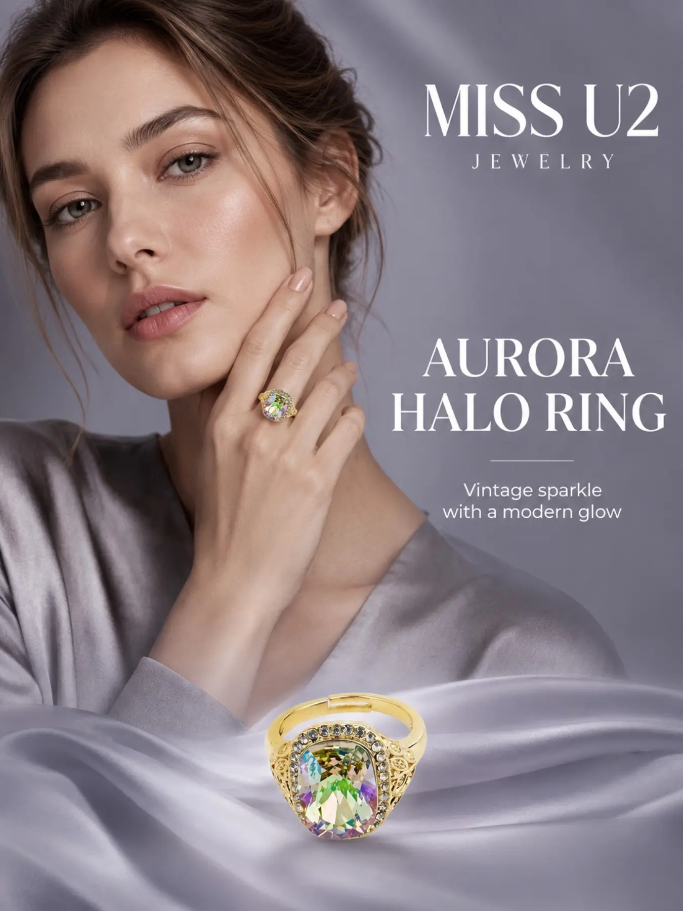 Vintage Aurora Crystal Open Ring, Rectangular Cushion Cut Halo Diamond Sparkle Gemstone Ring, Women's Evening Jewelry