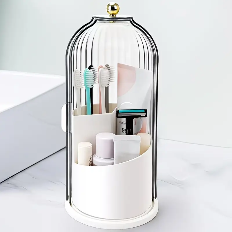 Large Capacity Bathroom Storage Rack with Transparent Lid, 360° Rotating Desktop Organizer, Toothbrush Holder, Durable Plastic, Minimalist Design