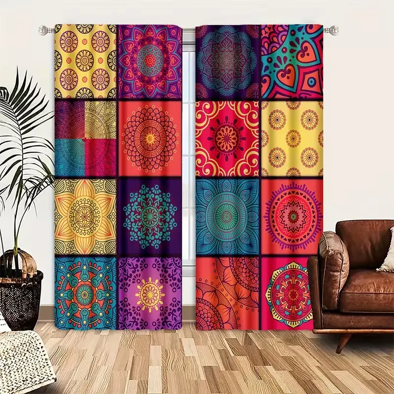 2 Piece Polyester Bohemian Theme Curtains, Colorful Retro Pattern Rod Pocket Drapes, Bedroom and Living Room Decor, Window Curtain Panels