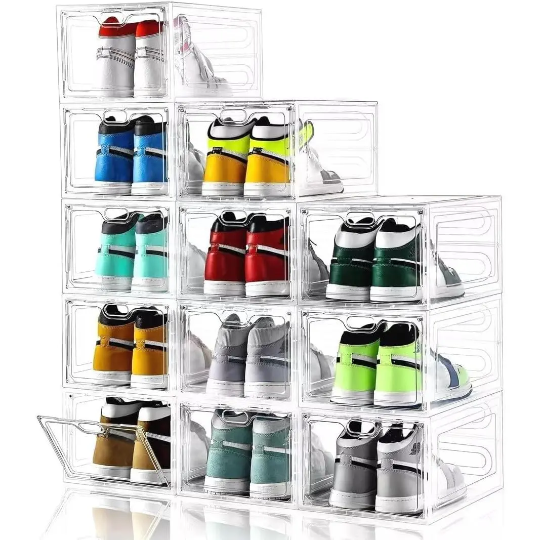 12 Pack Large Shoe Storage Box, Clear Shoe Storage Organizer with  Door, Stackable,Shoe Containers For Display Sneakers, Easy Assembly, Fit up to  Size 12, Clear