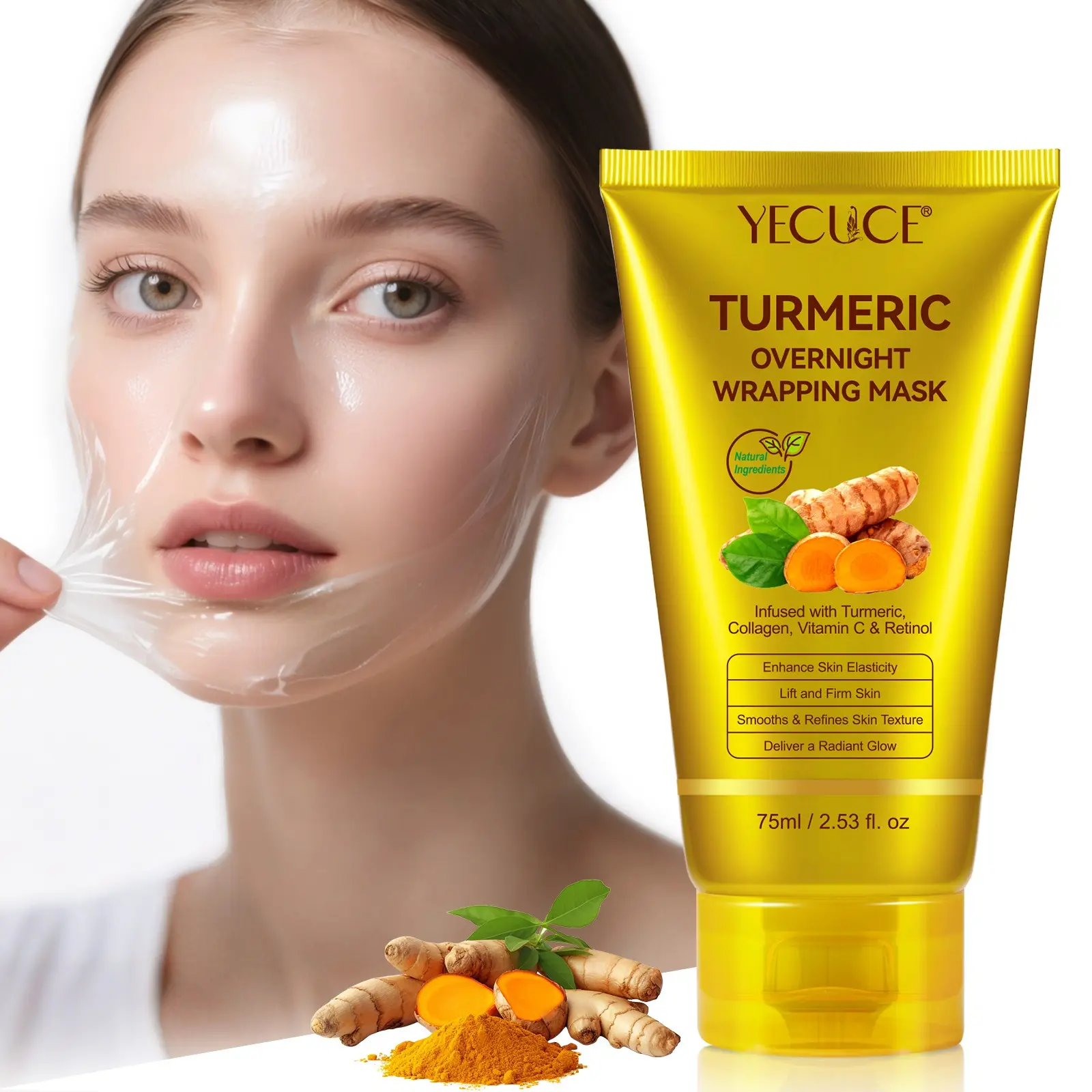Yecuce Turmeric Collagen Sleep Mask 75ML, Collagen Facial Mask, Collagen Night Wrapping Mask, Contains Turmeric, Collagen, Vitamin C, Retinol, Boosts Skin Elasticity, Tightens and Smooths Texture