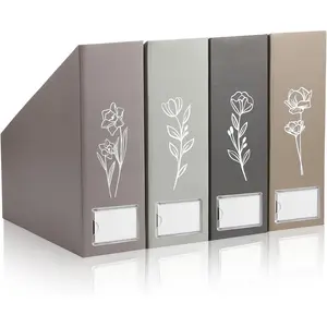 Set of 4 Boho Floral Decorative Foldable Magazine File Holder Storage Boxes with Acrylic Label Holders Boho Organizer for Office Home Organization Storage