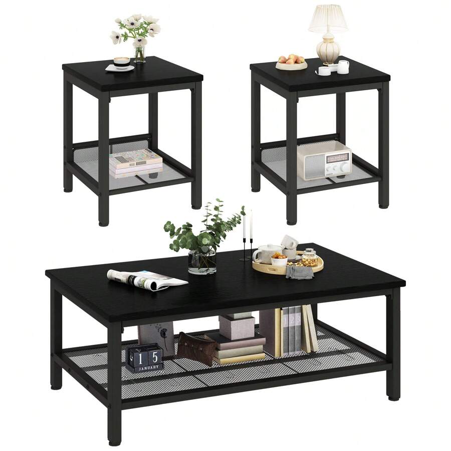 3-Piece Industrial Coffee Table Set, Modern Living Room Table with 2 Matching Square Side End Tables, Metal Frame Accent Table Set for Home Apartment Office
