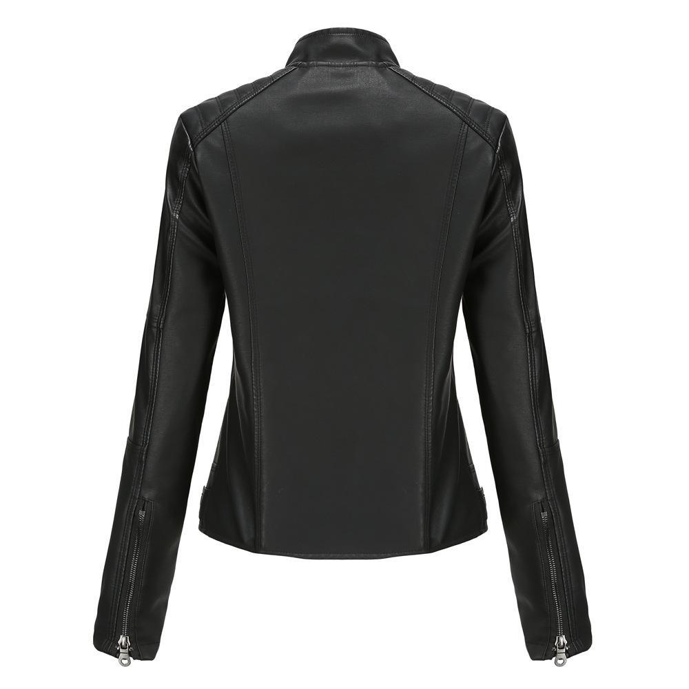 Women's faux leather jacket, bomber jacket style, PU leather motorcycle jacket, solid color, stand collar, zipper closure, long sleeves, slim fit, lightweight, suitable for spring and autumn