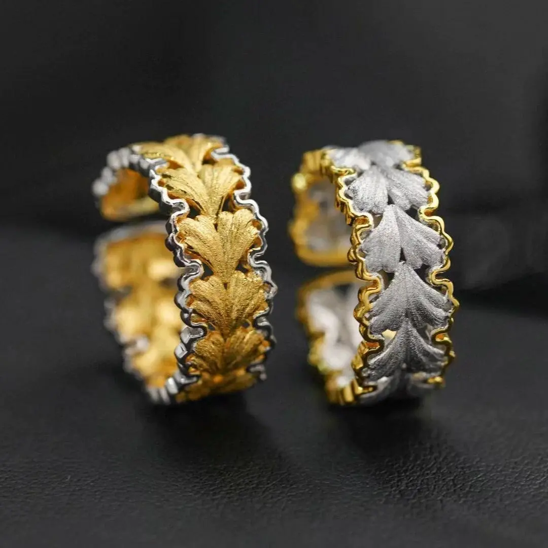 Foydjew Italian Retro Jewelry Hollow Ginkgo Leaf Two-color Gold Rings For Women Open Adjustable Finger Accessory