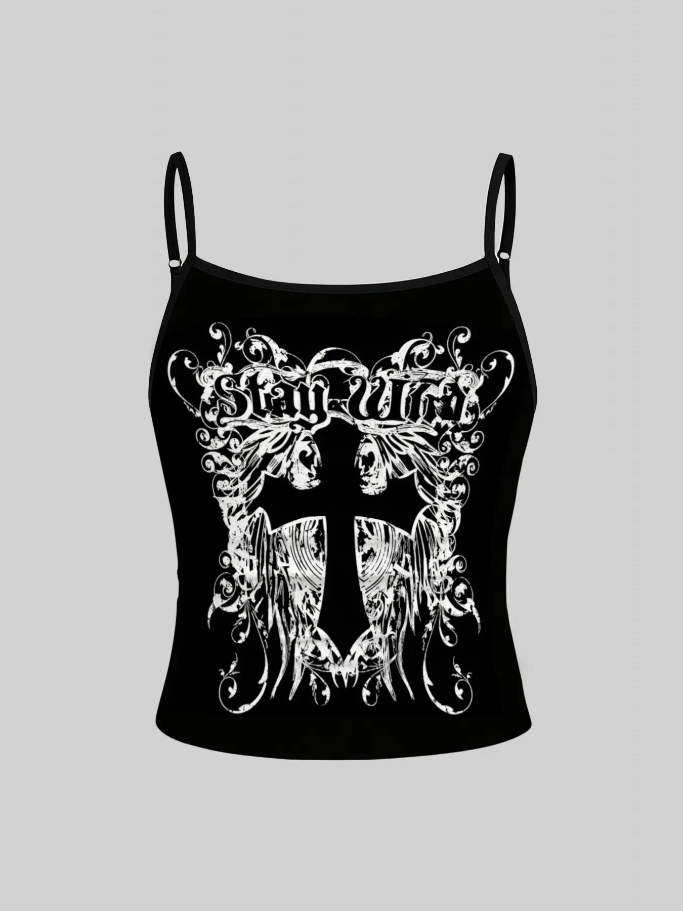 1-piece girls' Gothic style cross wing letter printed suspender, Y2K punk street thin suspender top, adjustable shoulder straps, side pleats, elastic slim fit sleeveless top, children's summer daily street casual wear
