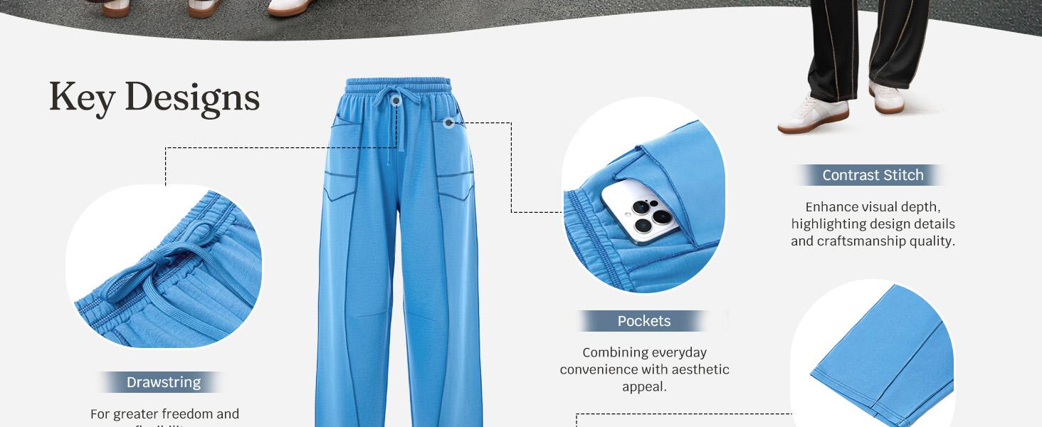 Aoysky Womens Baggy Barrel Wide Leg Pants Casual Drawstring Elastic Waist Contrast Stitch Workout Sweat Pants with Pockets