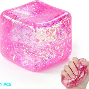 Squishy Cube，Ice Cube Squishy Stress Cube for Adults,Glitter Squishy Slow Rising Fidget Cube Sensory for Anxiety Stress Relief High Density Ice Squeeze Ball Cubes, Anxiety Fidgets, Decompression Squeeze
