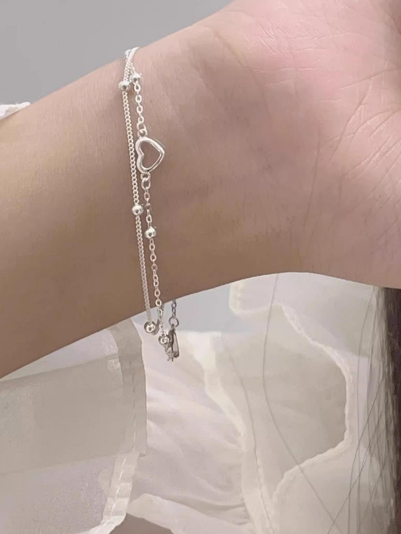 S925 Sterling Silver Heart Design Double Layered Bracelet for Women, Exquisite Trendy Link Bracelet, Chic Gorgeous Jewelry As Gift for Girlfriend, Heart Shaped Bracelet