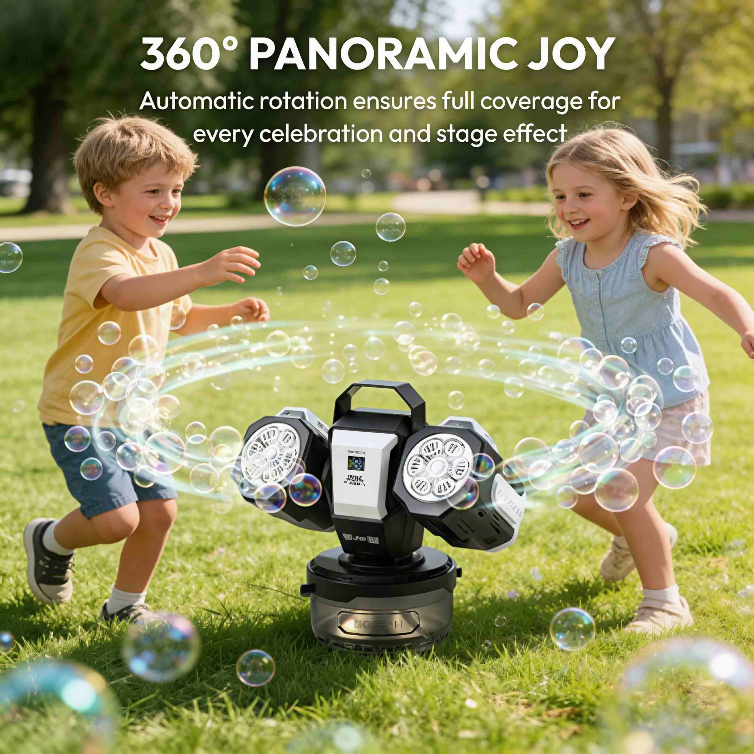 Double-Head Remote Control Bubble Machine, Rechargeable RGB Atmosphere Light, 360° Auto Rotation, Perfect for Parties and Events, Party Bubble Machine