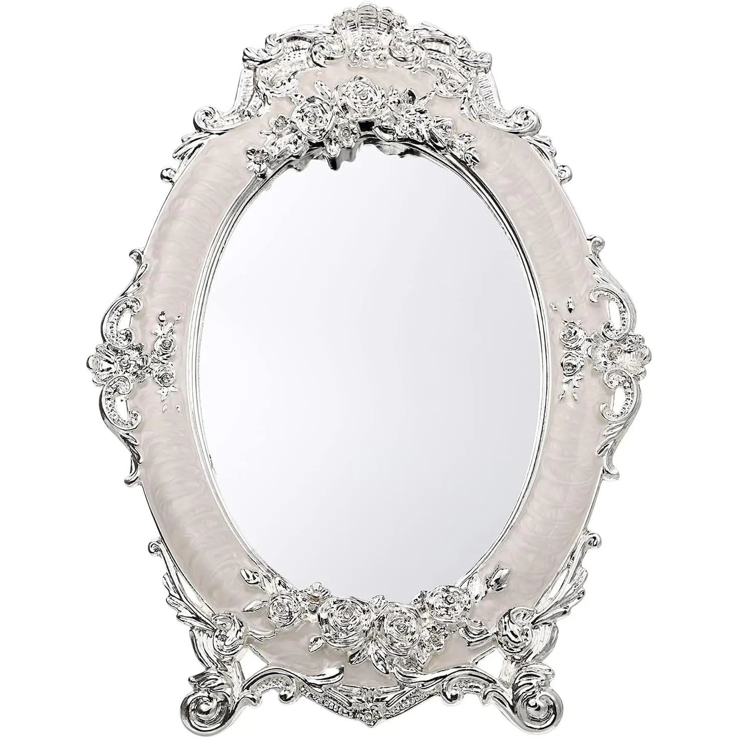 Tabletop Dressing Mirror with Stand Desktop Mirror with Rose Decor | Small Antique Embossed Roses Countertop Makeup Mirror, Retro Oval  Decorative Mirrors for Dresser Table