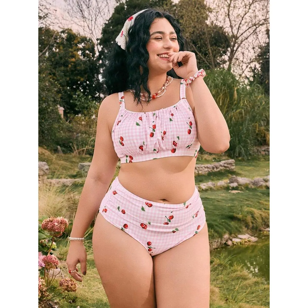 Plus Size Women's 2-Piece Bikini Set, Off the Shoulder Ruched Drawcord Crop Top with Gingham & Fruit Print High Waist Short Bottoms, Polyester Blend, Crop Top Length, Extended Sizes, Female Wear, Two-Pieces