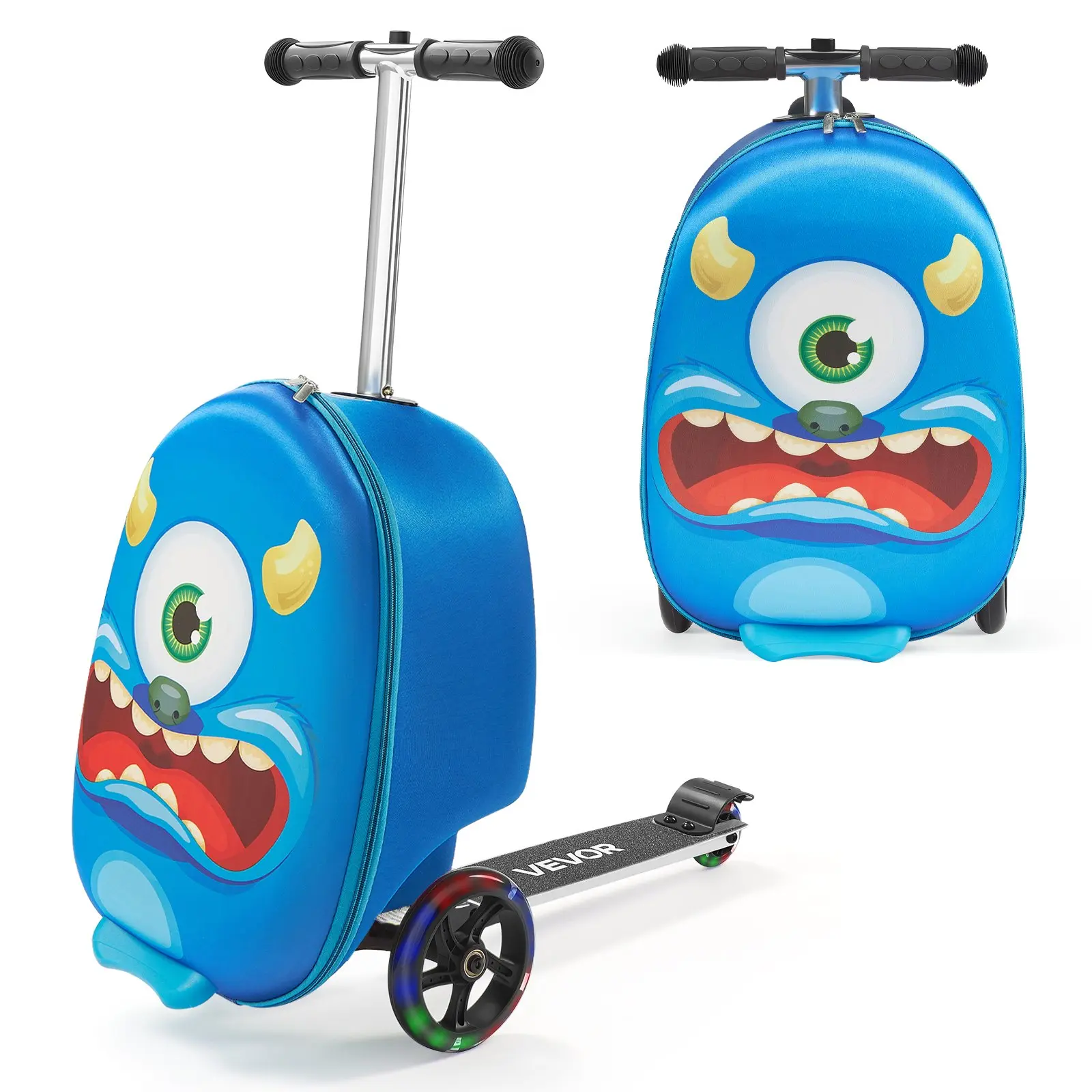 VEVOR Unisex Kids Ride-on Luggage, 20-Inch 20L Scooter Suitcase Fits Carry-ons, Double Flash PU Wheels, High-Density EVA, Adjustable Handle Grip, TPR Non-Slip Grip, Foldable Lightweight for Ages 5+, Blue