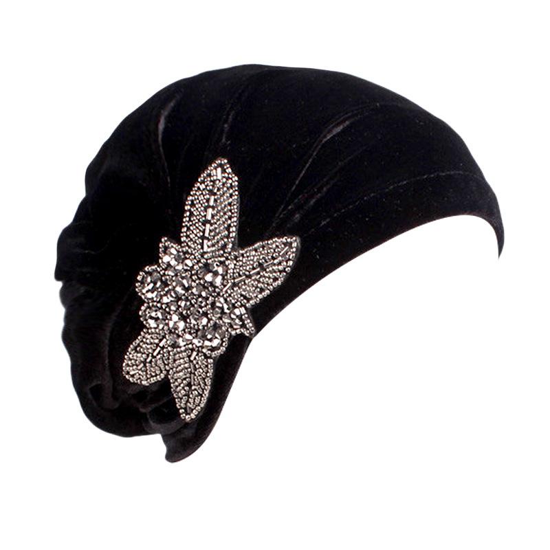 Velvet Pleated Turban Hat with Beaded Flower, Soft Hair Loss Bonnet for Women