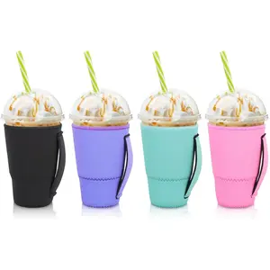 4Pack Reusable Iced Coffee Sleeve Insulator Sleeves for Cold Drinks Beverages, Neoprene Cup Holder for Most Coffee, Fits 30-32oz Large Cups (Solid Color with Handle)