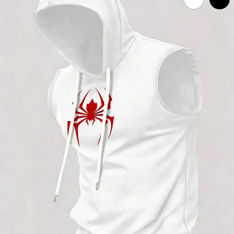 Men's Spider Print Design Hooded Neckline Sports Vest, Sleeveless T-Shirt with Spider Pattern, Regular Length, Fitness or Casual Wear, Workout Sleeveless Activewear, Sport Vests, Gym Clothes Workout