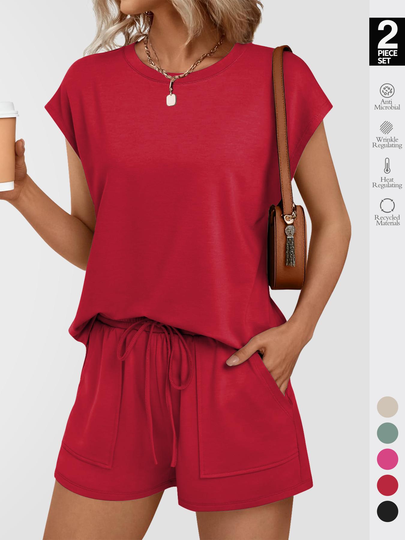 Women's Solid Curved Hem Tee & Drawstring Waist Shorts Set, Casual Cap Sleeve T-shirt & Pocket Shorts, Ladies Sleepwear for Summer, Loungewear Pajama Set