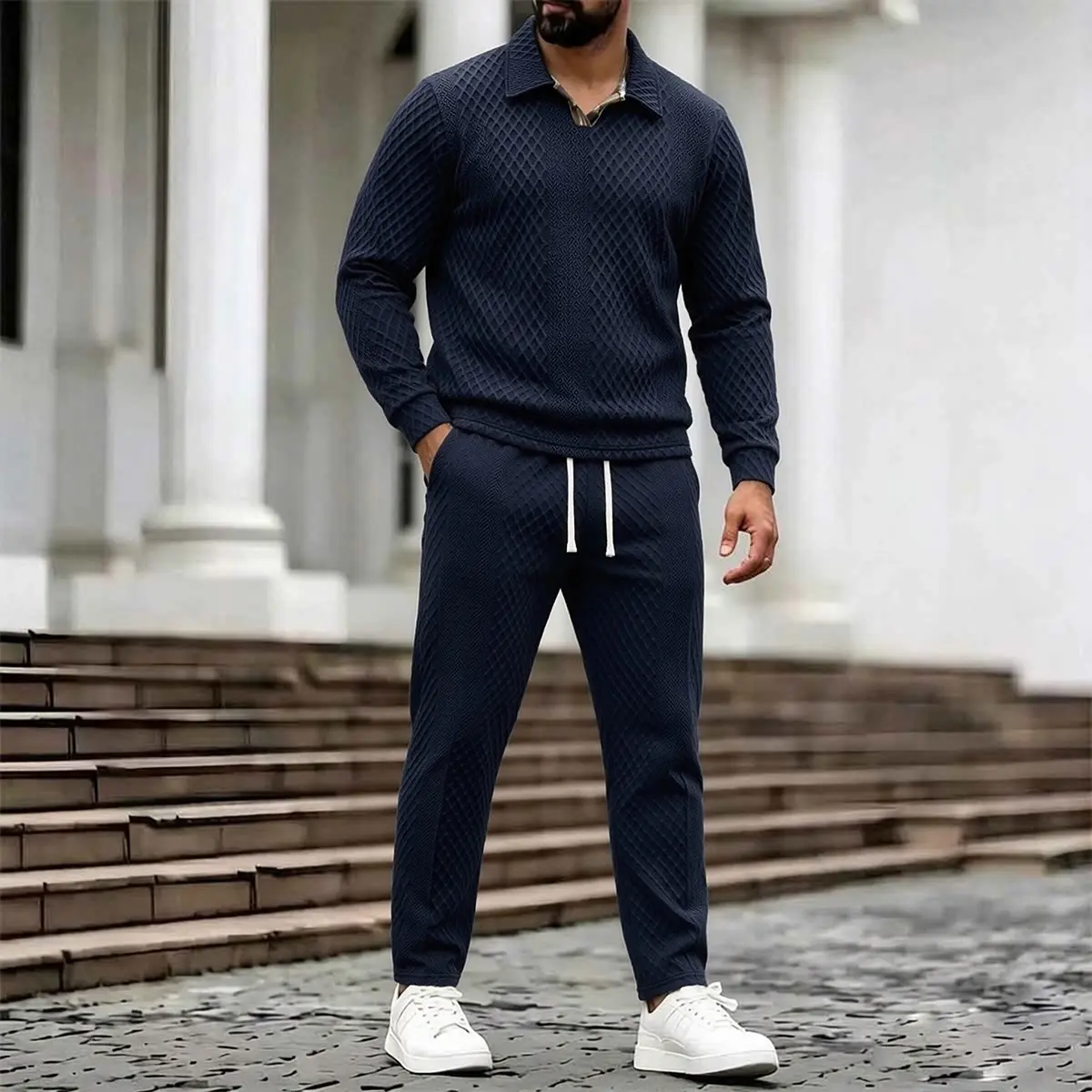Men's 2-Piece Diamond Textured Drawstring Zip Tracksuit Set - Poly Elastane Fitted Cut Solid Plain Long-Sleeve Quarter-Zip Pullover & Straight-Leg Pants, Sport Street Casual Outfit
