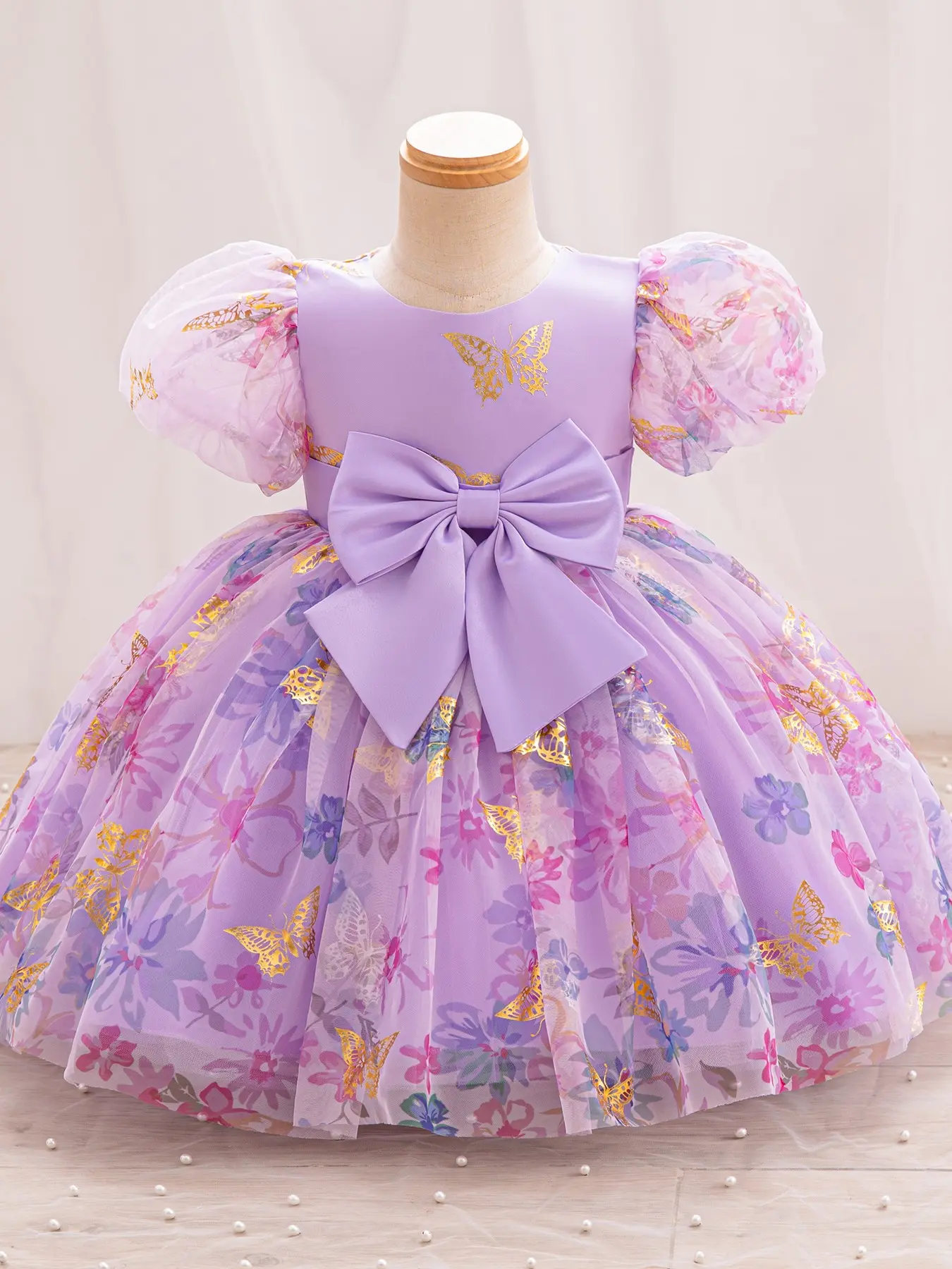 Golden Butterfly Floral Princess Dress, Slim-Fitting Puff Sleeve Tulle Ball Gown, Toddler Girls Formal Party Costume